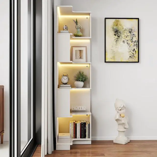 Alt view image 3 of 7 - 5 Tier Corner Bookshelf with LED Lights, L Shaped Wooden Book Shelves with Baffle, Round Edge Freestanding Tall Bookcase, Display Shelf Storage Stand for Living Room, Bedroom, Kitchen, Office, White