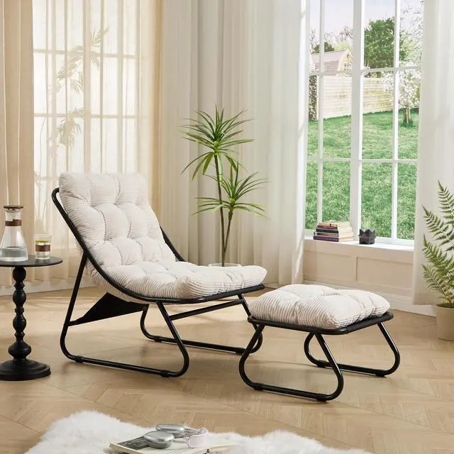 Alt view image 3 of 7 - Outdoor Patio Chair with Foot Stool, Corduroy Armless Accent Lounge Chair with Removable Puffy Cushion, Metal Frame and Footrest for Living Room, Bedroom, Reading Room, White