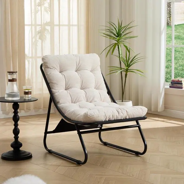 Alt view image 4 of 7 - Outdoor Patio Chair with Foot Stool, Corduroy Armless Accent Lounge Chair with Removable Puffy Cushion, Metal Frame and Footrest for Living Room, Bedroom, Reading Room, White