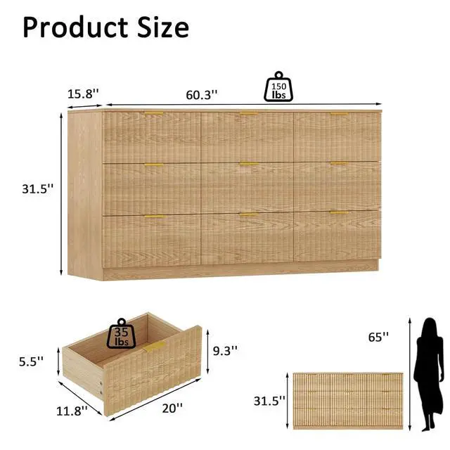 Alt view image 2 of 7 - 60.3" Wide Fluted 9 Drawer Dresser for Bedroom, Natural | Modern Dresser for Closet with Metal Handle, Wooden Chest of Drawers for Bedroom, Living Room, Hallway