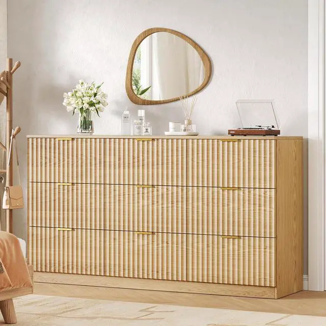 Main image of 60.3" Wide Fluted 9 Drawer Dresser for Bedroom, Natural | Modern Dresser for Closet with Metal Handle, Wooden Chest of Drawers for Bedroom, Living Room, Hallway
