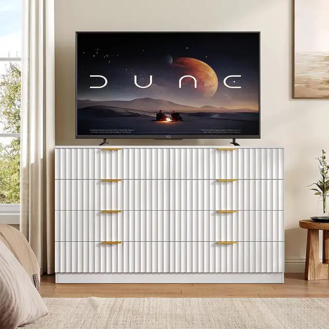 Alt view image 7 of 7 - 47.2" Wide Fluted 8 Drawer Dresser for Bedroom, White | Modern Dresser for Closet with Metal Handle, Wooden Chest of Drawers for Bedroom, Living Room, Hallway