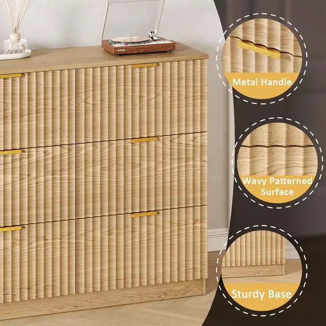 Alt view image 4 of 7 - 60.3" Wide Fluted 9 Drawer Dresser for Bedroom, Natural | Modern Dresser for Closet with Metal Handle, Wooden Chest of Drawers for Bedroom, Living Room, Hallway