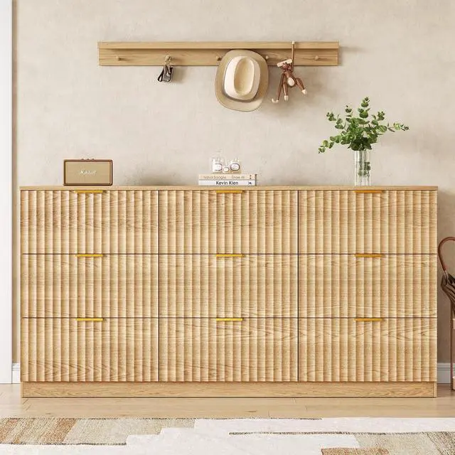 Alt view image 3 of 7 - 60.3" Wide Fluted 9 Drawer Dresser for Bedroom, Natural | Modern Dresser for Closet with Metal Handle, Wooden Chest of Drawers for Bedroom, Living Room, Hallway