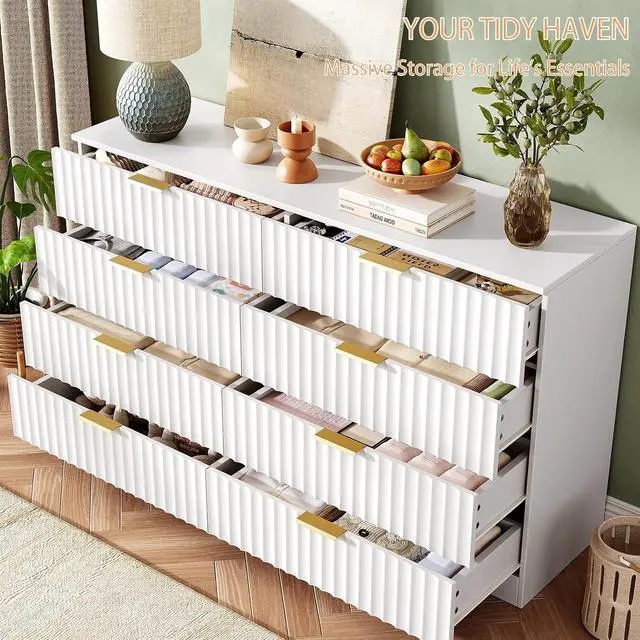 Alt view image 6 of 7 - 47.2" Wide Fluted 8 Drawer Dresser for Bedroom, White | Modern Dresser for Closet with Metal Handle, Wooden Chest of Drawers for Bedroom, Living Room, Hallway