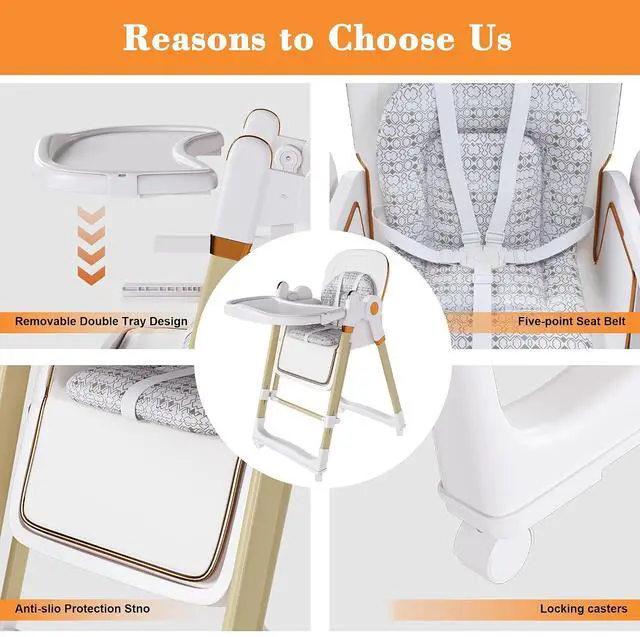 Alt view image 6 of 7 - 2 in 1 Baby High Chair to Rocker, Foldable Toddler Feeding Chair with 5-Point Harness, Portable Baby Seat with 2-Tier Removable Tray, Slient Locking Wheels, Adjustable Backrest, for 6M-3Yrs, White