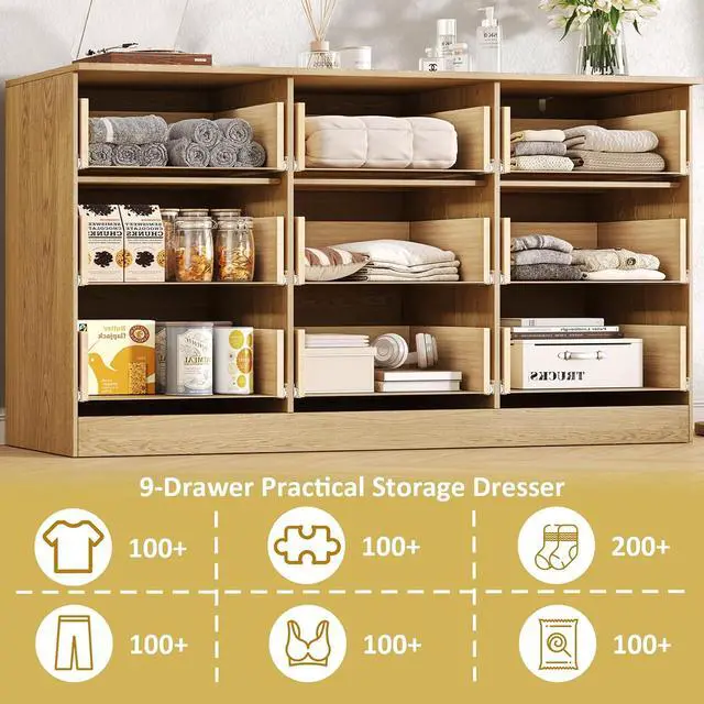 Alt view image 6 of 7 - 60.3" Wide Fluted 9 Drawer Dresser for Bedroom, Natural | Modern Dresser for Closet with Metal Handle, Wooden Chest of Drawers for Bedroom, Living Room, Hallway