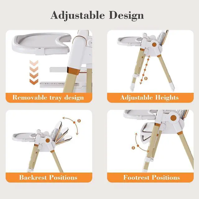 Alt view image 7 of 7 - 2 in 1 Baby High Chair to Rocker, Foldable Toddler Feeding Chair with 5-Point Harness, Portable Baby Seat with 2-Tier Removable Tray, Slient Locking Wheels, Adjustable Backrest, for 6M-3Yrs, White