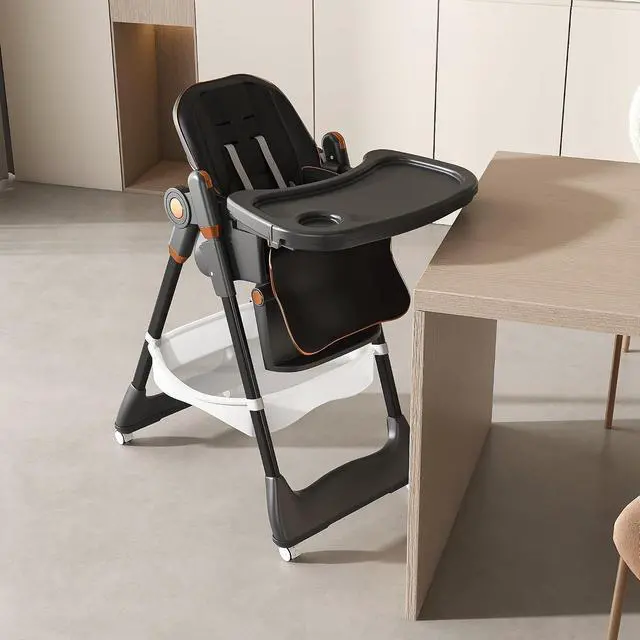 Alt view image 2 of 7 - Portable Baby High Chair, 3 in 1 Toddler Feeding Chair Foldable with Double Removable Tray, Baby Seat with Safety Belt and Lockable Wheels, Highchair with Footrest, 5 Height & 3 Recline, Black