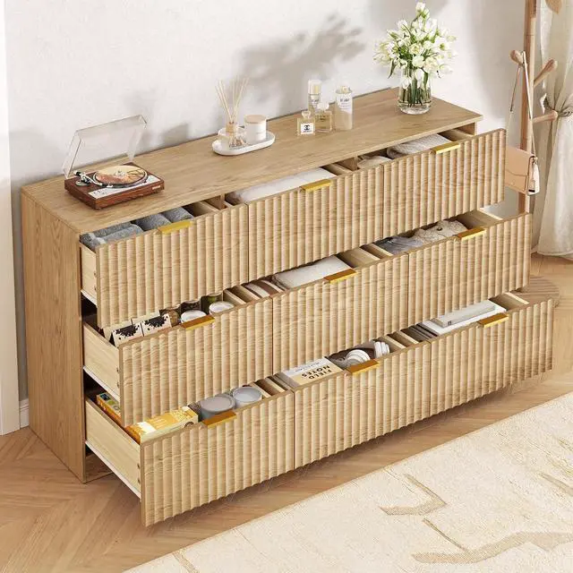 Alt view image 5 of 7 - 60.3" Wide Fluted 9 Drawer Dresser for Bedroom, Natural | Modern Dresser for Closet with Metal Handle, Wooden Chest of Drawers for Bedroom, Living Room, Hallway