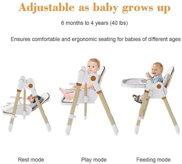Alt view image 5 of 7 - 2 in 1 Baby High Chair to Rocker, Foldable Toddler Feeding Chair with 5-Point Harness, Portable Baby Seat with 2-Tier Removable Tray, Slient Locking Wheels, Adjustable Backrest, for 6M-3Yrs, White