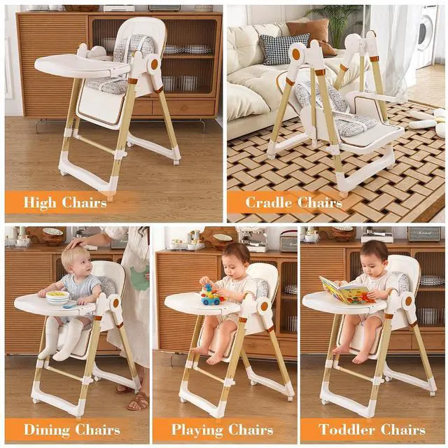 Alt view image 4 of 7 - 2 in 1 Baby High Chair to Rocker, Foldable Toddler Feeding Chair with 5-Point Harness, Portable Baby Seat with 2-Tier Removable Tray, Slient Locking Wheels, Adjustable Backrest, for 6M-3Yrs, White