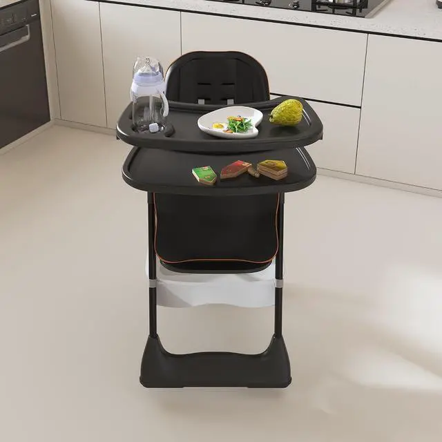 Alt view image 4 of 7 - Portable Baby High Chair, 3 in 1 Toddler Feeding Chair Foldable with Double Removable Tray, Baby Seat with Safety Belt and Lockable Wheels, Highchair with Footrest, 5 Height & 3 Recline, Black
