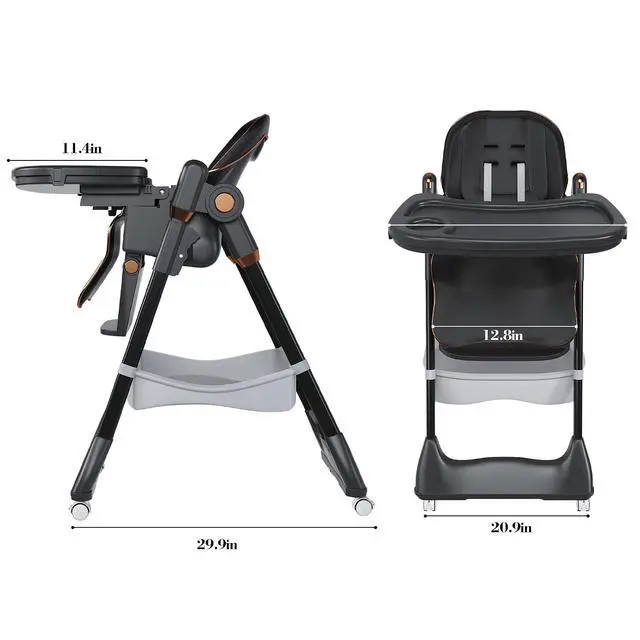 Alt view image 5 of 7 - Portable Baby High Chair, 3 in 1 Toddler Feeding Chair Foldable with Double Removable Tray, Baby Seat with Safety Belt and Lockable Wheels, Highchair with Footrest, 5 Height & 3 Recline, Black