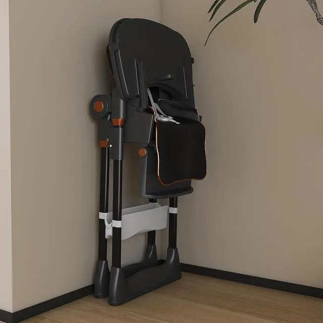 Alt view image 6 of 7 - Portable Baby High Chair, 3 in 1 Toddler Feeding Chair Foldable with Double Removable Tray, Baby Seat with Safety Belt and Lockable Wheels, Highchair with Footrest, 5 Height & 3 Recline, Black