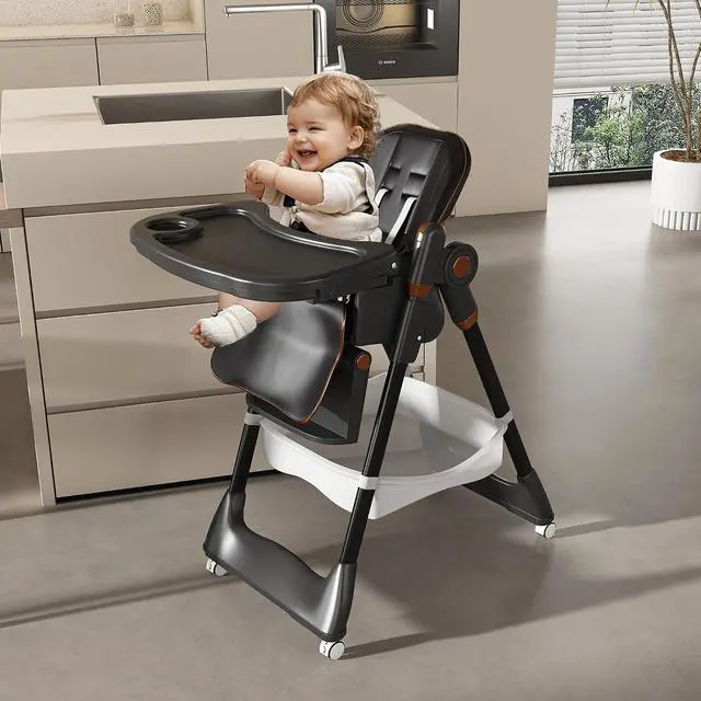 Alt view image 3 of 7 - Portable Baby High Chair, 3 in 1 Toddler Feeding Chair Foldable with Double Removable Tray, Baby Seat with Safety Belt and Lockable Wheels, Highchair with Footrest, 5 Height & 3 Recline, Black