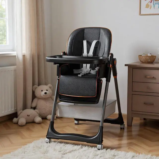Main image of Portable Baby High Chair, 3 in 1 Toddler Feeding Chair Foldable with Double Removable Tray, Baby Seat with Safety Belt and Lockable Wheels, Highchair with Footrest, 5 Height & 3 Recline, Black