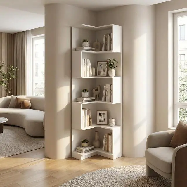 Alt view image 5 of 7 - 5 Tier Corner Bookshelf with LED Lights, L Shaped Wooden Book Shelves with Baffle, Round Edge Freestanding Tall Bookcase, Display Shelf Storage Stand for Living Room, Bedroom, Kitchen, Office, White
