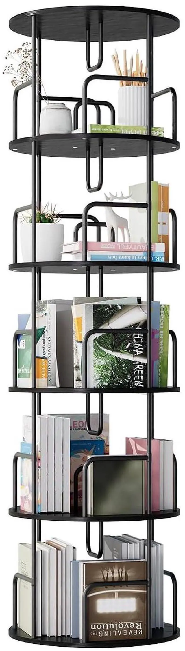 Main image of 5 Tier Corner Bookshelf, 360° Rotating Metal Tall Bookcase wit Book Stopper, Space Saving Round Display Shelf Storage Tower, Plant Standing Organizer for Bedroom, Living Room, Small Space, Black