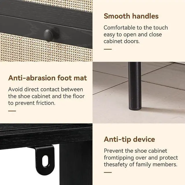 Alt view image 6 of 7 - Narrow Shoe Cabinet with 2 Flip-Down Drawers, Space-Saving Rattan Door Shoe Rack with Bottom Storage Area, Freestanding Wooden Shoe Storage Organizer for Entryway, Hallway, Foyer, Living Room, Black