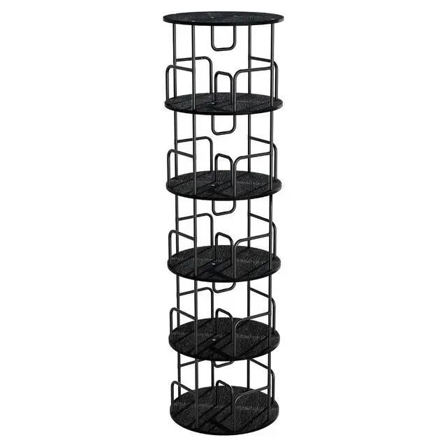 Alt view image 3 of 7 - 5 Tier Corner Bookshelf, 360° Rotating Metal Tall Bookcase wit Book Stopper, Space Saving Round Display Shelf Storage Tower, Plant Standing Organizer for Bedroom, Living Room, Small Space, Black