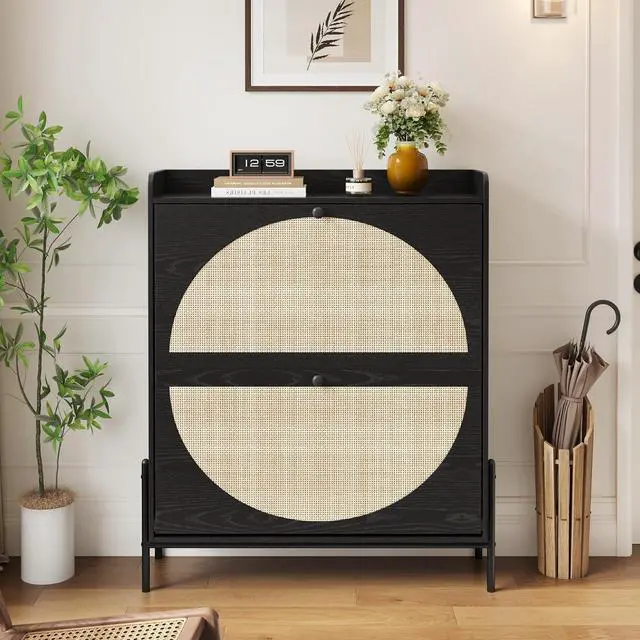 Alt view image 7 of 7 - Narrow Shoe Cabinet with 2 Flip-Down Drawers, Space-Saving Rattan Door Shoe Rack with Bottom Storage Area, Freestanding Wooden Shoe Storage Organizer for Entryway, Hallway, Foyer, Living Room, Black