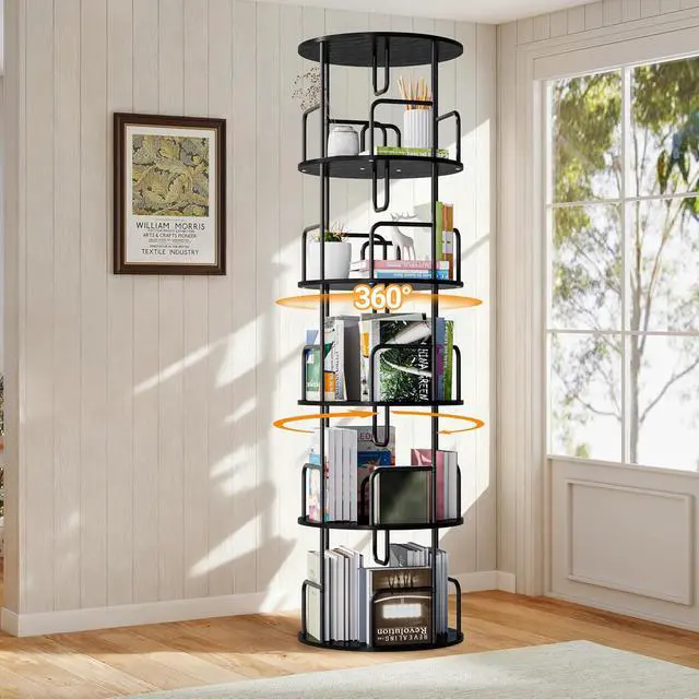Alt view image 2 of 7 - 5 Tier Corner Bookshelf, 360° Rotating Metal Tall Bookcase wit Book Stopper, Space Saving Round Display Shelf Storage Tower, Plant Standing Organizer for Bedroom, Living Room, Small Space, Black