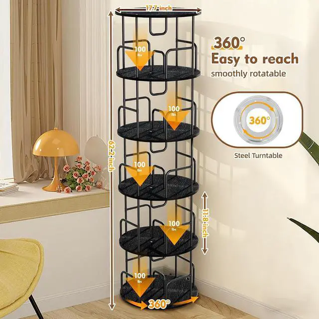 Alt view image 4 of 7 - 5 Tier Corner Bookshelf, 360° Rotating Metal Tall Bookcase wit Book Stopper, Space Saving Round Display Shelf Storage Tower, Plant Standing Organizer for Bedroom, Living Room, Small Space, Black