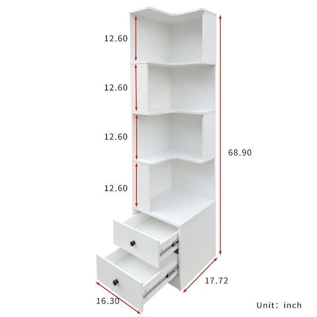 Alt view image 2 of 7 - 4 Tier Corner BookShelf with Drawers, L Shaped Bookshelf Bookcase with Storage, Baffle, Round Edge Freestanding Tall Bookcase, Display Shelf Stand for Living Room, Bedroom, Kitchen, Office, White