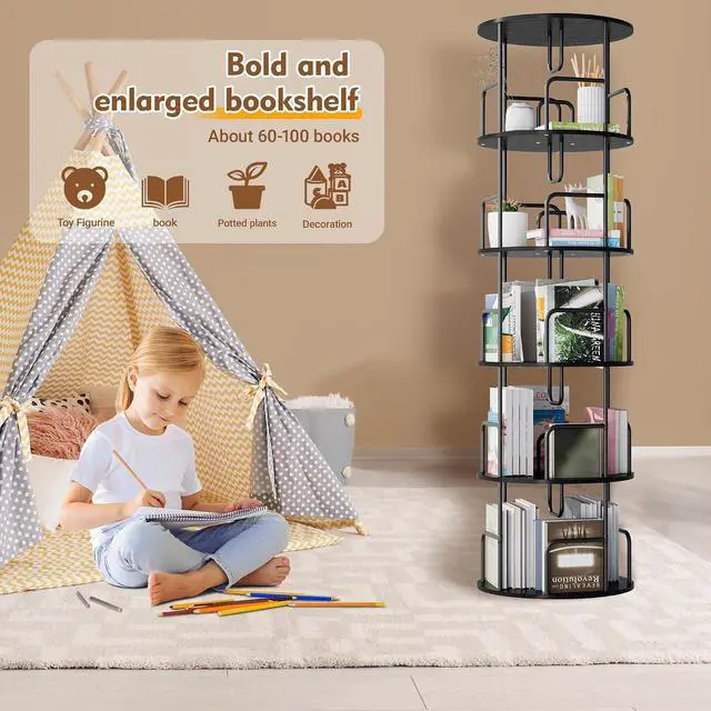 Alt view image 7 of 7 - 5 Tier Corner Bookshelf, 360° Rotating Metal Tall Bookcase wit Book Stopper, Space Saving Round Display Shelf Storage Tower, Plant Standing Organizer for Bedroom, Living Room, Small Space, Black