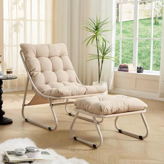 Main image of Outdoor Patio Chair with Foot Stool, Armless Accent Lounge Chair with Removable Staple Fiber Frabric Cushion, Metal Frame and Footrest for Living Room, Bedroom, Reading Room, Beige