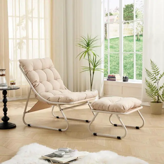 Alt view image 3 of 7 - Outdoor Patio Chair with Foot Stool, Armless Accent Lounge Chair with Removable Staple Fiber Frabric Cushion, Metal Frame and Footrest for Living Room, Bedroom, Reading Room, Beige