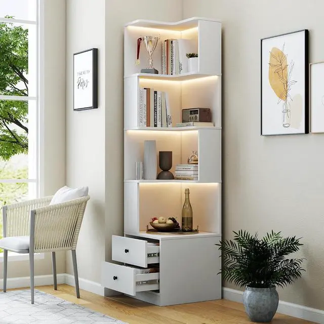 Alt view image 4 of 7 - 4 Tier Corner BookShelf with Drawers, L Shaped Bookshelf Bookcase with Storage, Baffle, Round Edge Freestanding Tall Bookcase, Display Shelf Stand for Living Room, Bedroom, Kitchen, Office, White