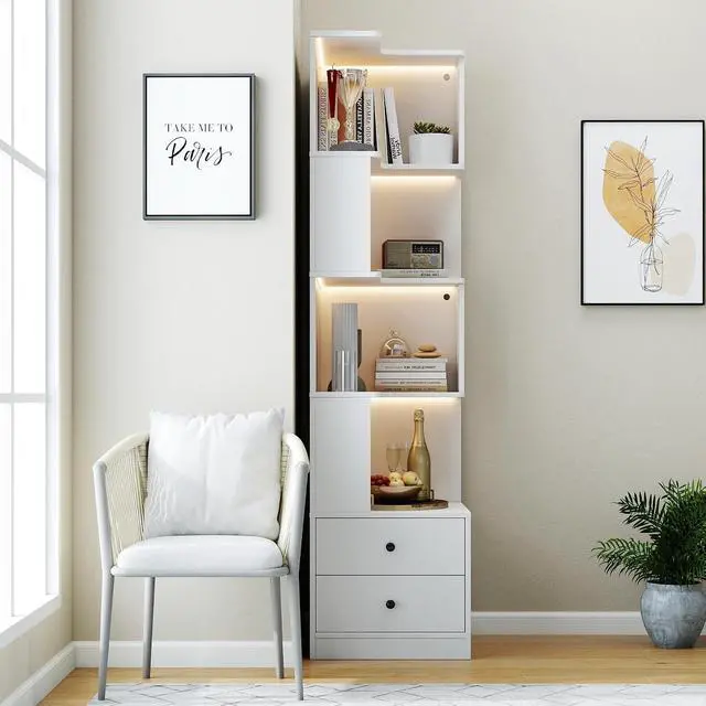 Alt view image 3 of 7 - 4 Tier Corner BookShelf with Drawers, L Shaped Bookshelf Bookcase with Storage, Baffle, Round Edge Freestanding Tall Bookcase, Display Shelf Stand for Living Room, Bedroom, Kitchen, Office, White