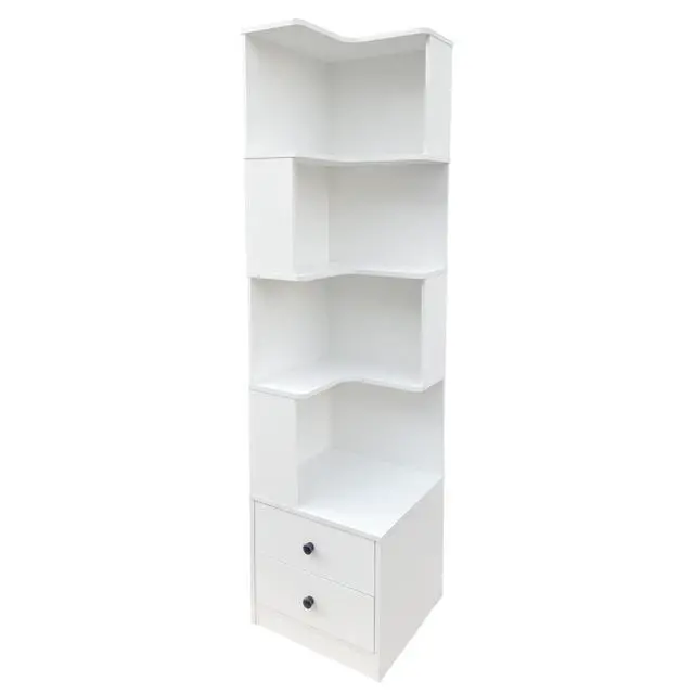 Alt view image 6 of 7 - 4 Tier Corner BookShelf with Drawers, L Shaped Bookshelf Bookcase with Storage, Baffle, Round Edge Freestanding Tall Bookcase, Display Shelf Stand for Living Room, Bedroom, Kitchen, Office, White