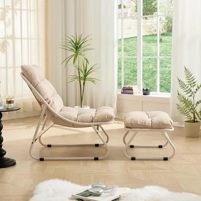 Alt view image 4 of 7 - Outdoor Patio Chair with Foot Stool, Armless Accent Lounge Chair with Removable Staple Fiber Frabric Cushion, Metal Frame and Footrest for Living Room, Bedroom, Reading Room, Beige