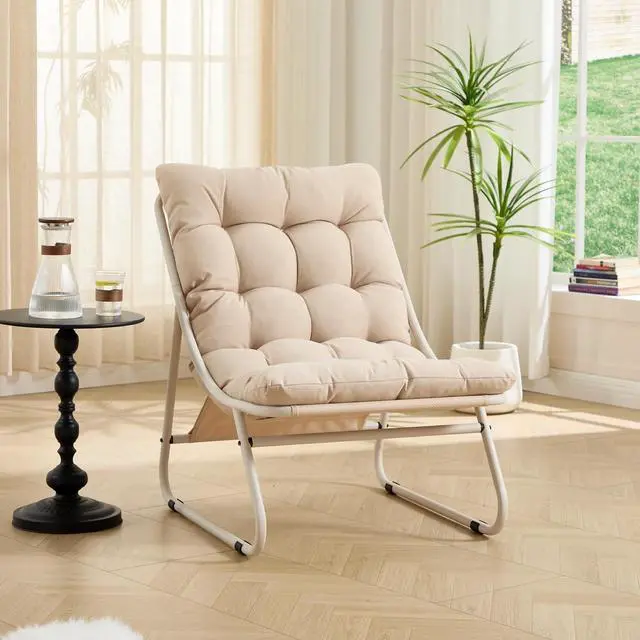Alt view image 5 of 7 - Outdoor Patio Chair with Foot Stool, Armless Accent Lounge Chair with Removable Staple Fiber Frabric Cushion, Metal Frame and Footrest for Living Room, Bedroom, Reading Room, Beige