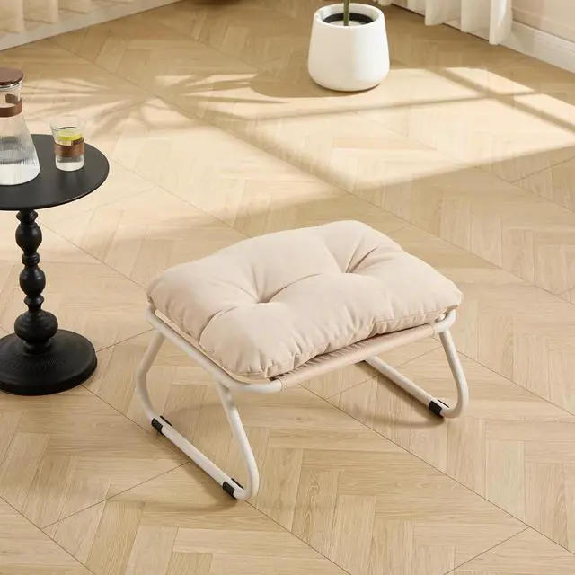 Alt view image 6 of 7 - Outdoor Patio Chair with Foot Stool, Armless Accent Lounge Chair with Removable Staple Fiber Frabric Cushion, Metal Frame and Footrest for Living Room, Bedroom, Reading Room, Beige
