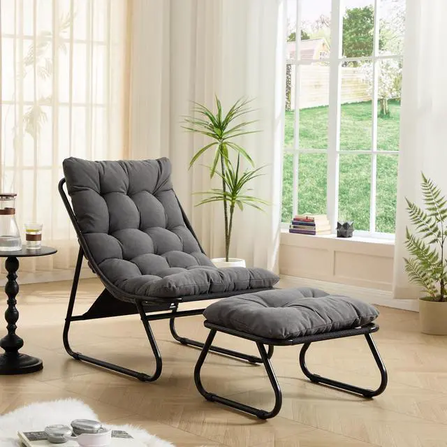 Main image of Outdoor Patio Chair with Foot Stool, Armless Accent Lounge Chair with Removable Staple Fiber Frabric Cushion, Metal Frame and Footrest for Living Room, Bedroom, Reading Room, Grey