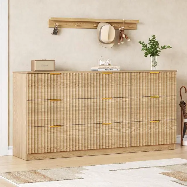 Alt view image 7 of 7 - 60.3" Wide Fluted 9 Drawer Dresser for Bedroom, Natural | Modern Dresser for Closet with Metal Handle, Wooden Chest of Drawers for Bedroom, Living Room, Hallway
