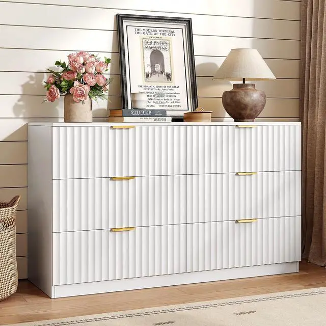 Main image of 47.2" Wide Fluted 6 Drawer Dresser for Bedroom, White | Modern Dresser for Closet with Metal Handle, Wooden Chest of Drawers for Bedroom, Living Room, Hallway
