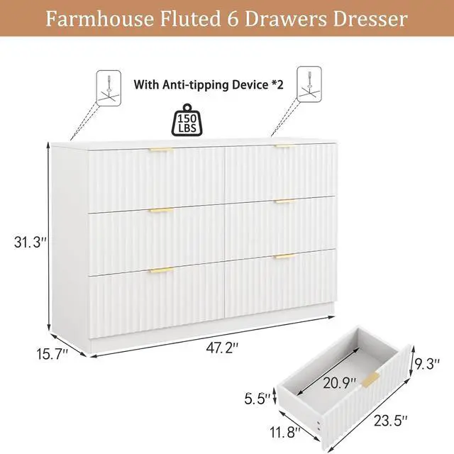 Alt view image 2 of 7 - 47.2" Wide Fluted 6 Drawer Dresser for Bedroom, White | Modern Dresser for Closet with Metal Handle, Wooden Chest of Drawers for Bedroom, Living Room, Hallway