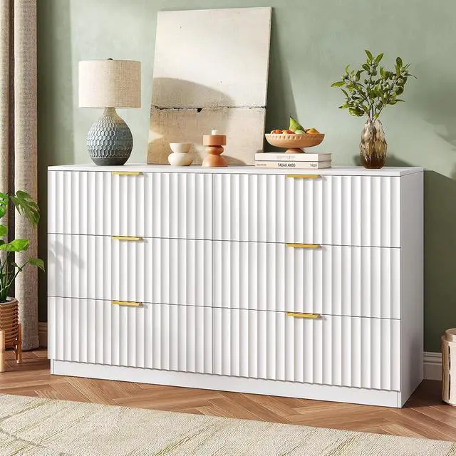 Alt view image 3 of 7 - 47.2" Wide Fluted 6 Drawer Dresser for Bedroom, White | Modern Dresser for Closet with Metal Handle, Wooden Chest of Drawers for Bedroom, Living Room, Hallway