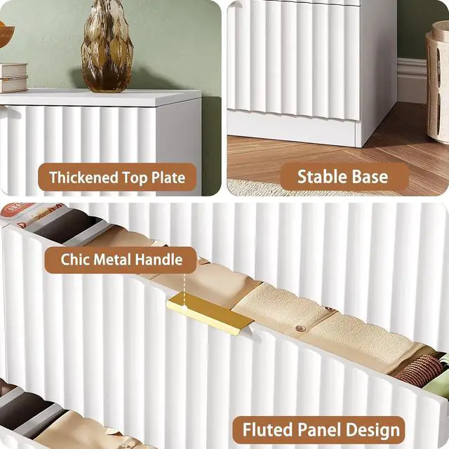 Alt view image 4 of 7 - 47.2" Wide Fluted 6 Drawer Dresser for Bedroom, White | Modern Dresser for Closet with Metal Handle, Wooden Chest of Drawers for Bedroom, Living Room, Hallway