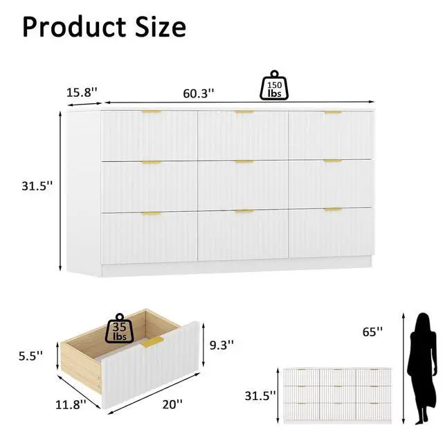 Alt view image 2 of 7 - 60.3" Wide Fluted 9 Drawer Dresser for Bedroom, White | Modern Dresser for Closet with Metal Handle, Wooden Chest of Drawers for Bedroom, Living Room, Hallway