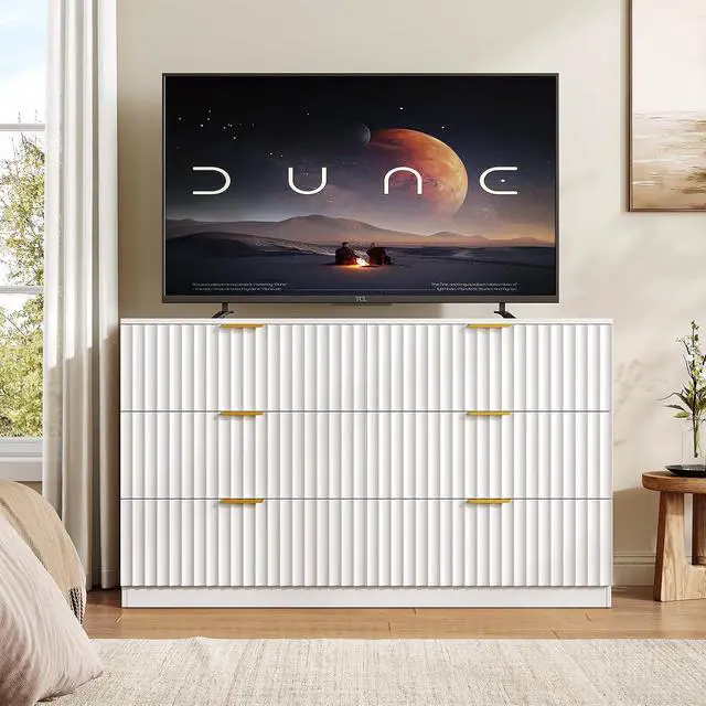 Alt view image 7 of 7 - 47.2" Wide Fluted 6 Drawer Dresser for Bedroom, White | Modern Dresser for Closet with Metal Handle, Wooden Chest of Drawers for Bedroom, Living Room, Hallway