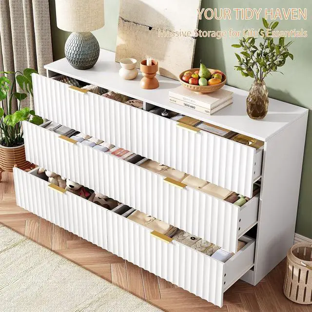 Alt view image 6 of 7 - 47.2" Wide Fluted 6 Drawer Dresser for Bedroom, White | Modern Dresser for Closet with Metal Handle, Wooden Chest of Drawers for Bedroom, Living Room, Hallway