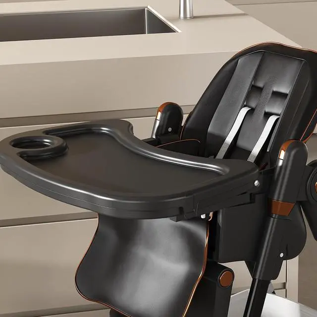 Alt view image 7 of 7 - Portable Baby High Chair, 3 in 1 Toddler Feeding Chair Foldable with Double Removable Tray, Baby Seat with Safety Belt and Lockable Wheels, Highchair with Footrest, 5 Height & 3 Recline, Black