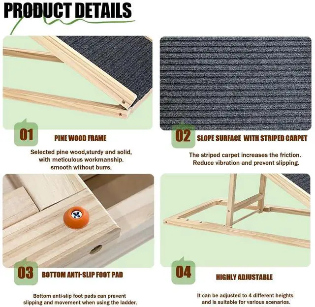 Alt view image 3 of 7 - Folding Dog Ramp for Bed and Couch, 39.4" Long Dog Steps with 5 Adjustable Height 20" to 31", Foldable Wooden Pet Stairs with Non-Slip Rubber Surface for Small Dogs to Get on Car, Hold up to 80lb