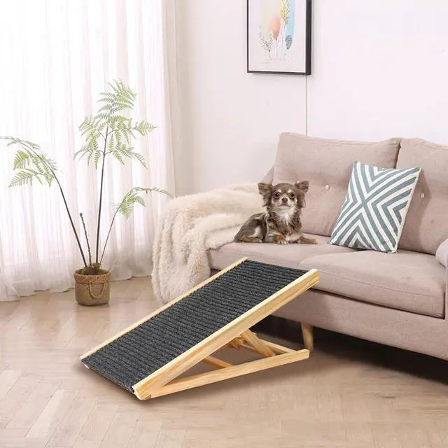 Alt view image 7 of 7 - Folding Dog Ramp for Bed and Couch, 39.4" Long Dog Steps with 5 Adjustable Height 20" to 31", Foldable Wooden Pet Stairs with Non-Slip Rubber Surface for Small Dogs to Get on Car, Hold up to 80lb